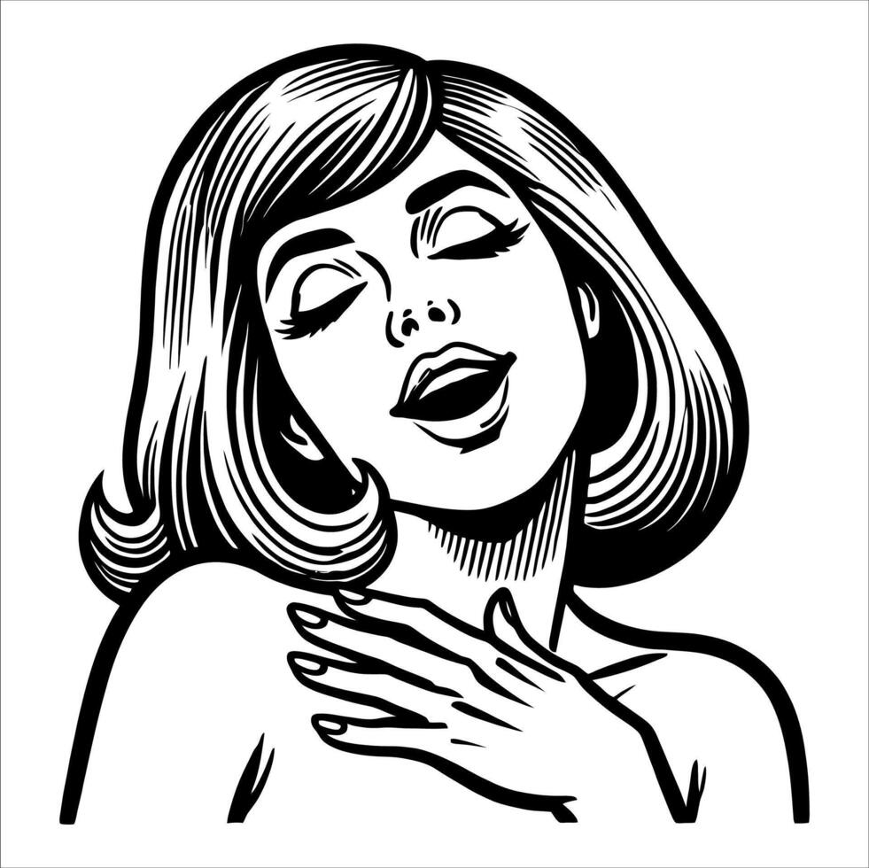 Black and White Woman in Retro Comic Style with Expression of Pleasure in Clean Line Art vector
