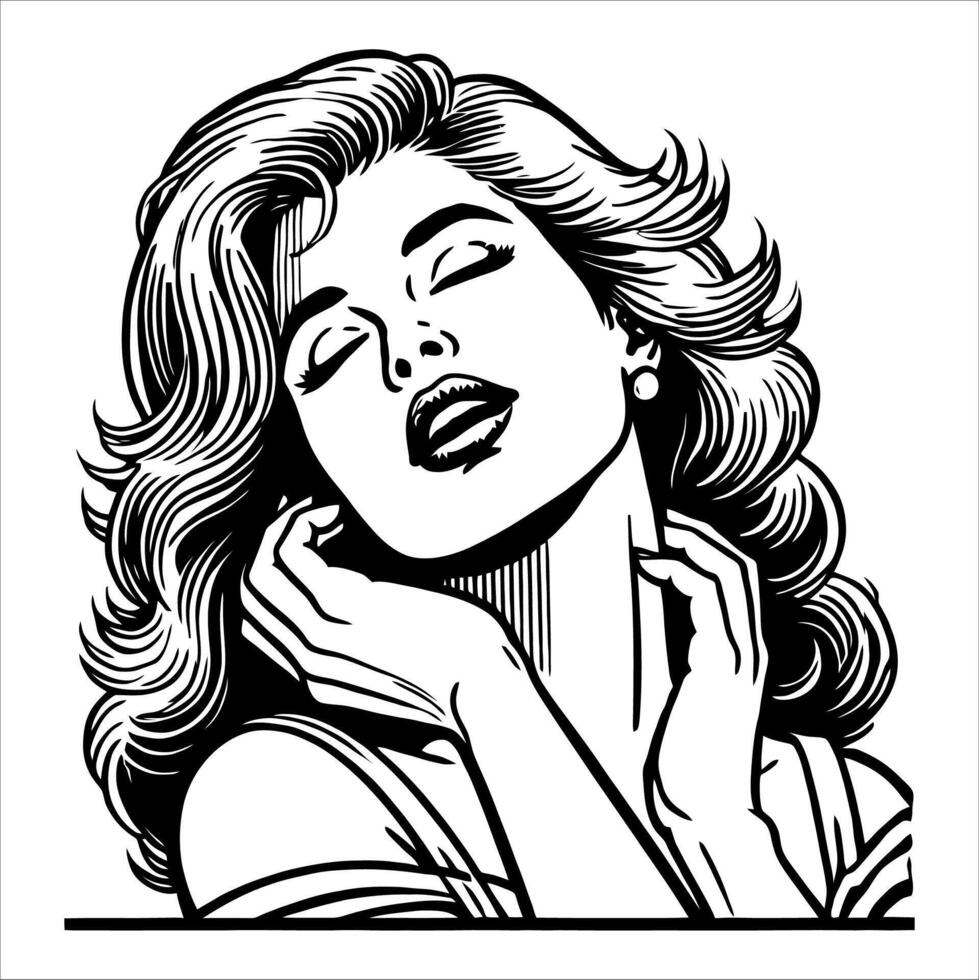 Black and White Comic Woman Smiling in Retro Minimalist Line Art vector