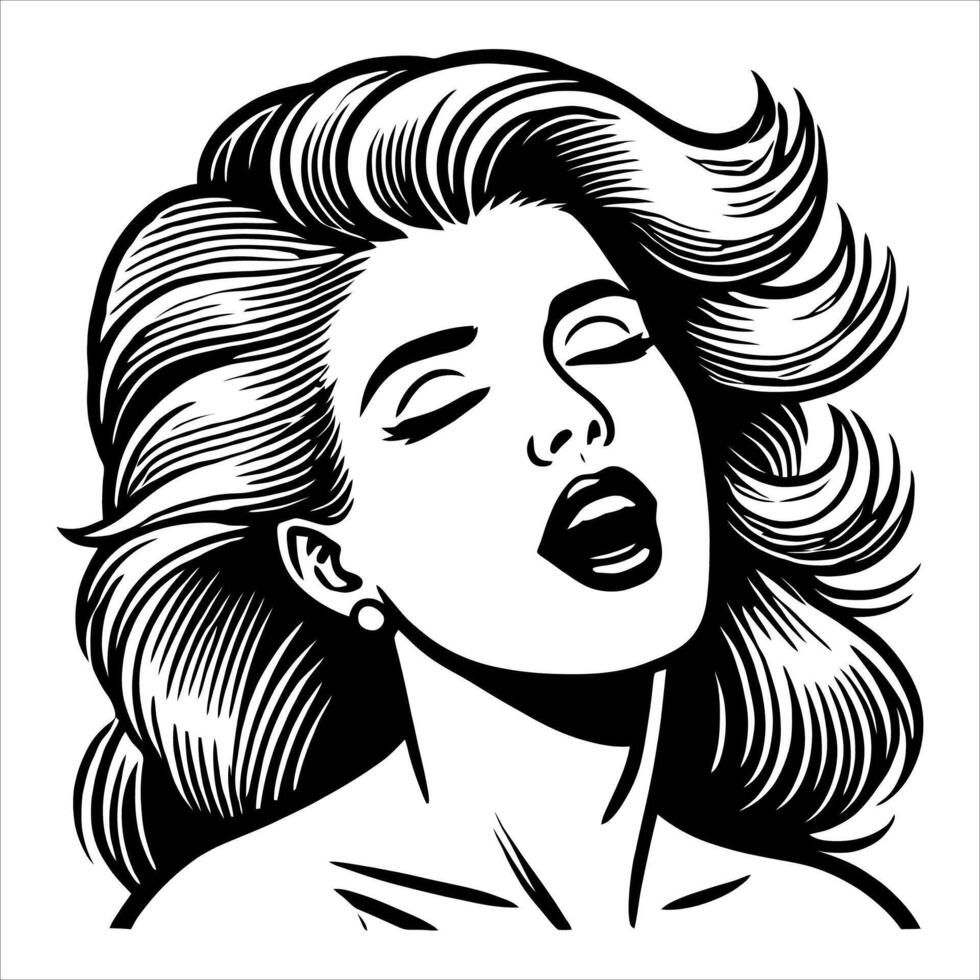 Minimalist Retro Comic Woman with a Pleasurable Expression in Clean Black and White Lines vector