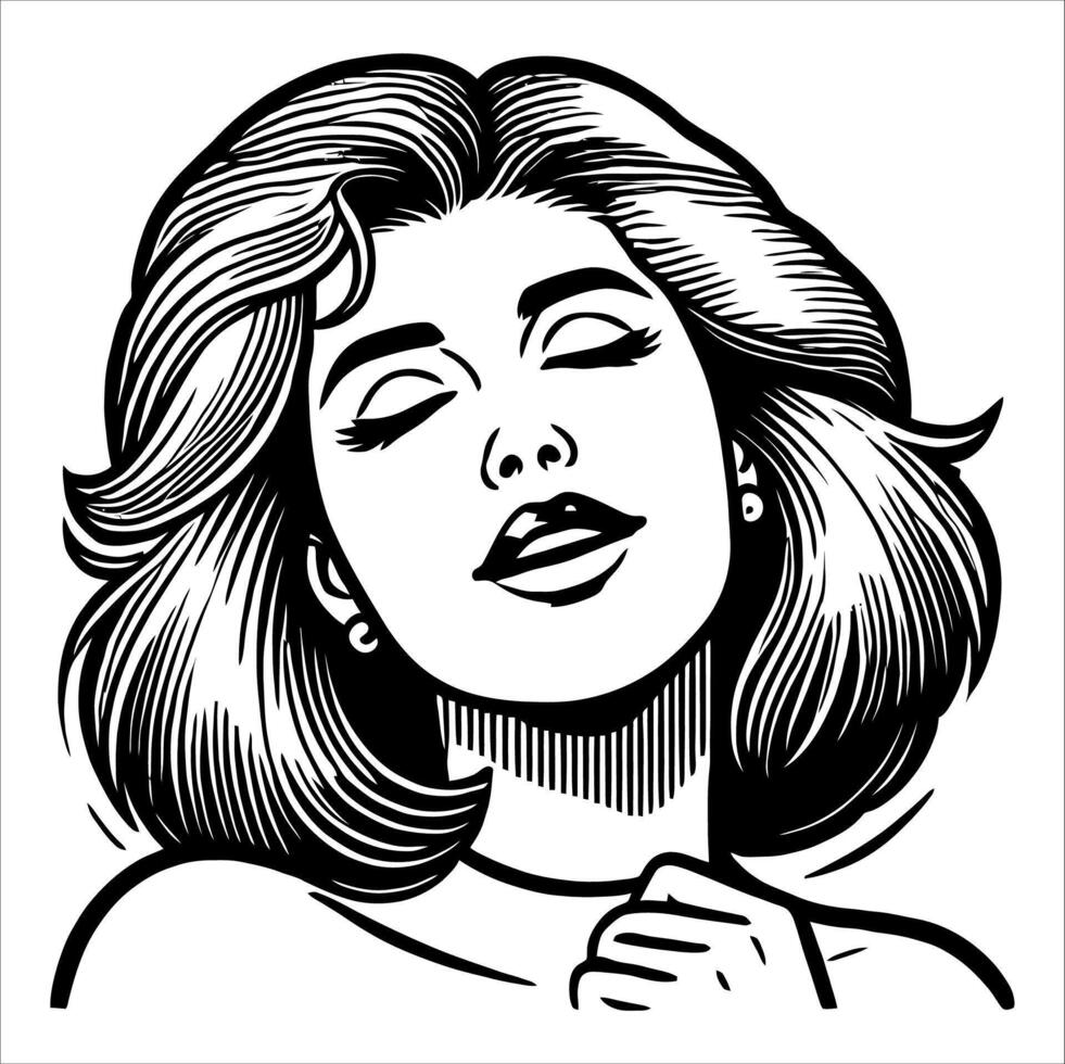 Retro Line Art of a Woman Smiling in Black and White with Clean Comic Style Details vector