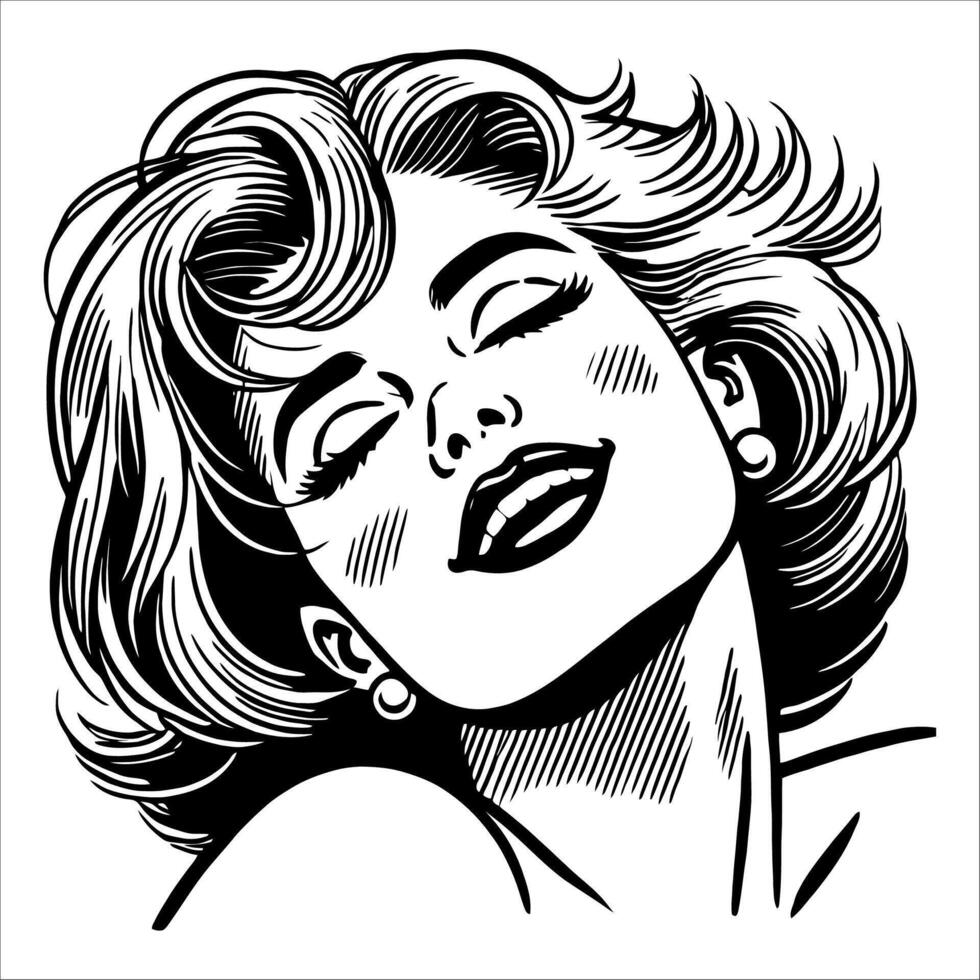 Comic Line Art Illustration of a Woman with a Joyful Expression in Black and White Retro Style vector