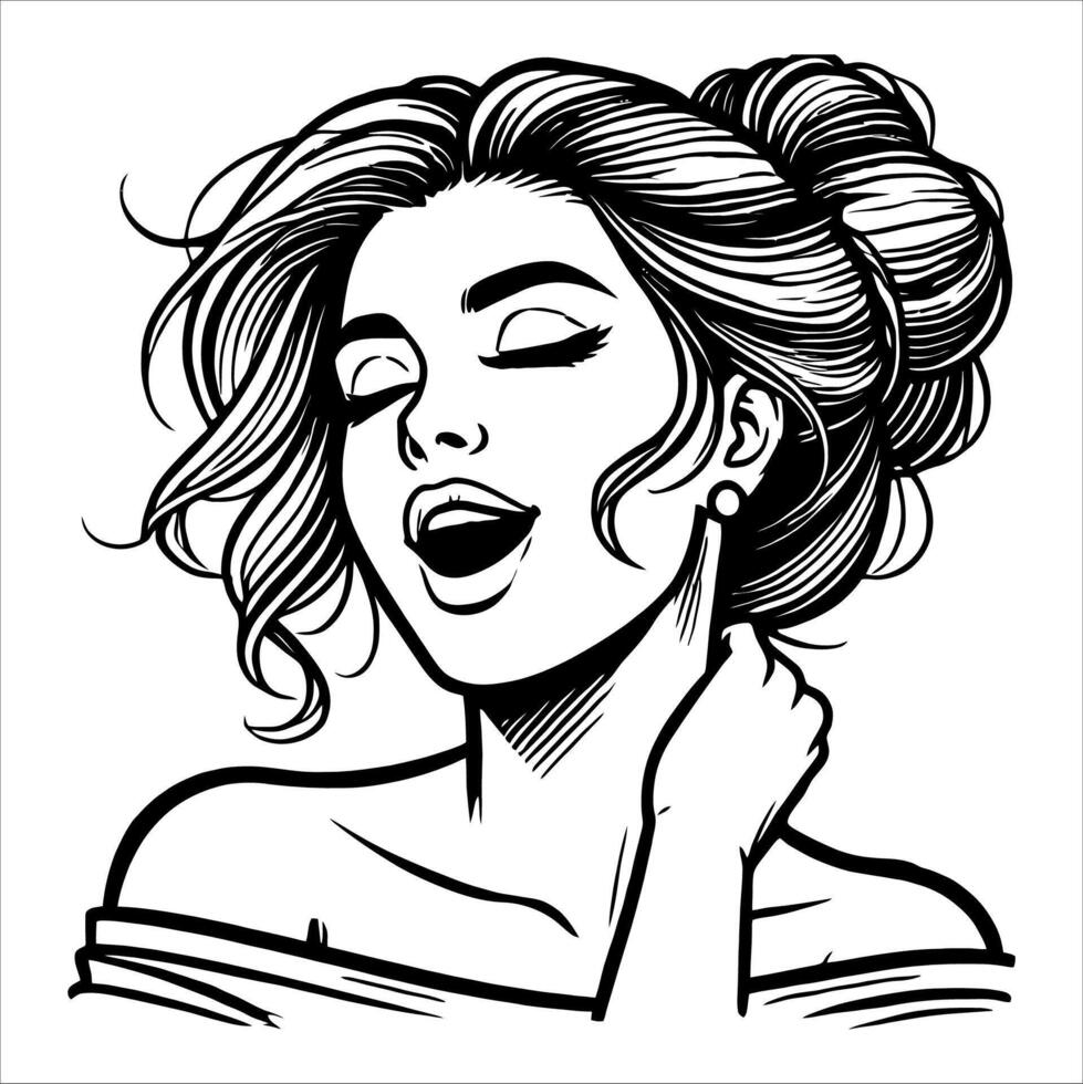 Retro Style Woman with Expression of Pleasure in Black and White Clean Line Art vector