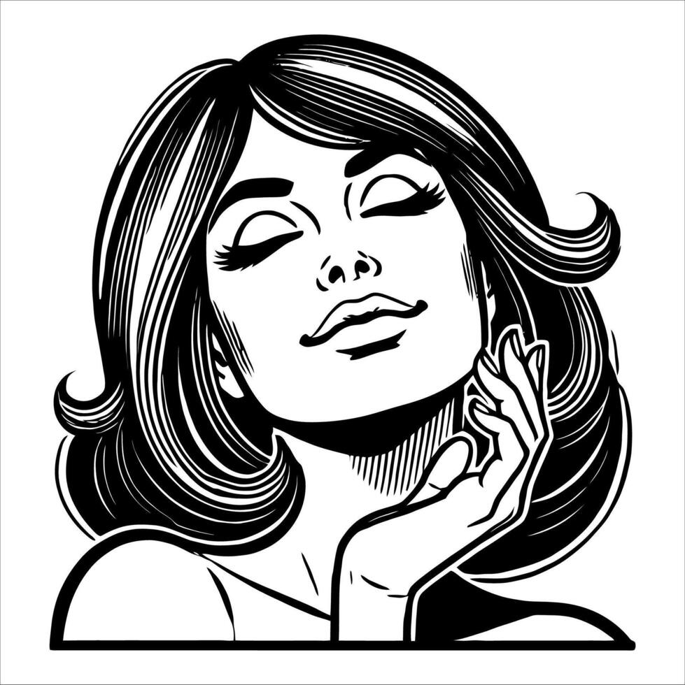 Smiling Woman in Black and White Retro Comic Style with a Clean and Simple Line Art Expression vector