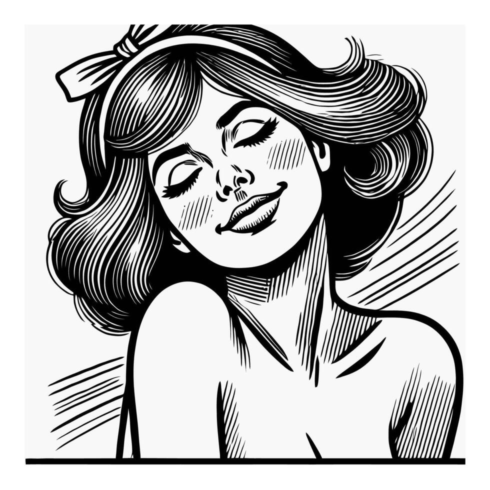 Joyful Woman in Black and White Retro Comic Line Art with Minimalist Expression of Pleasure vector