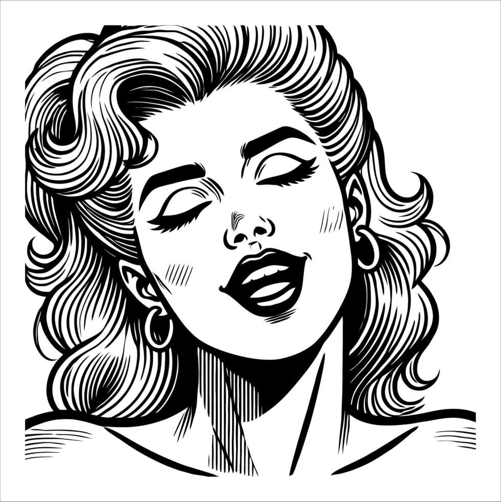 Woman with a Bright Expression of Joy in Retro Comic Line Art Style in Black and White vector