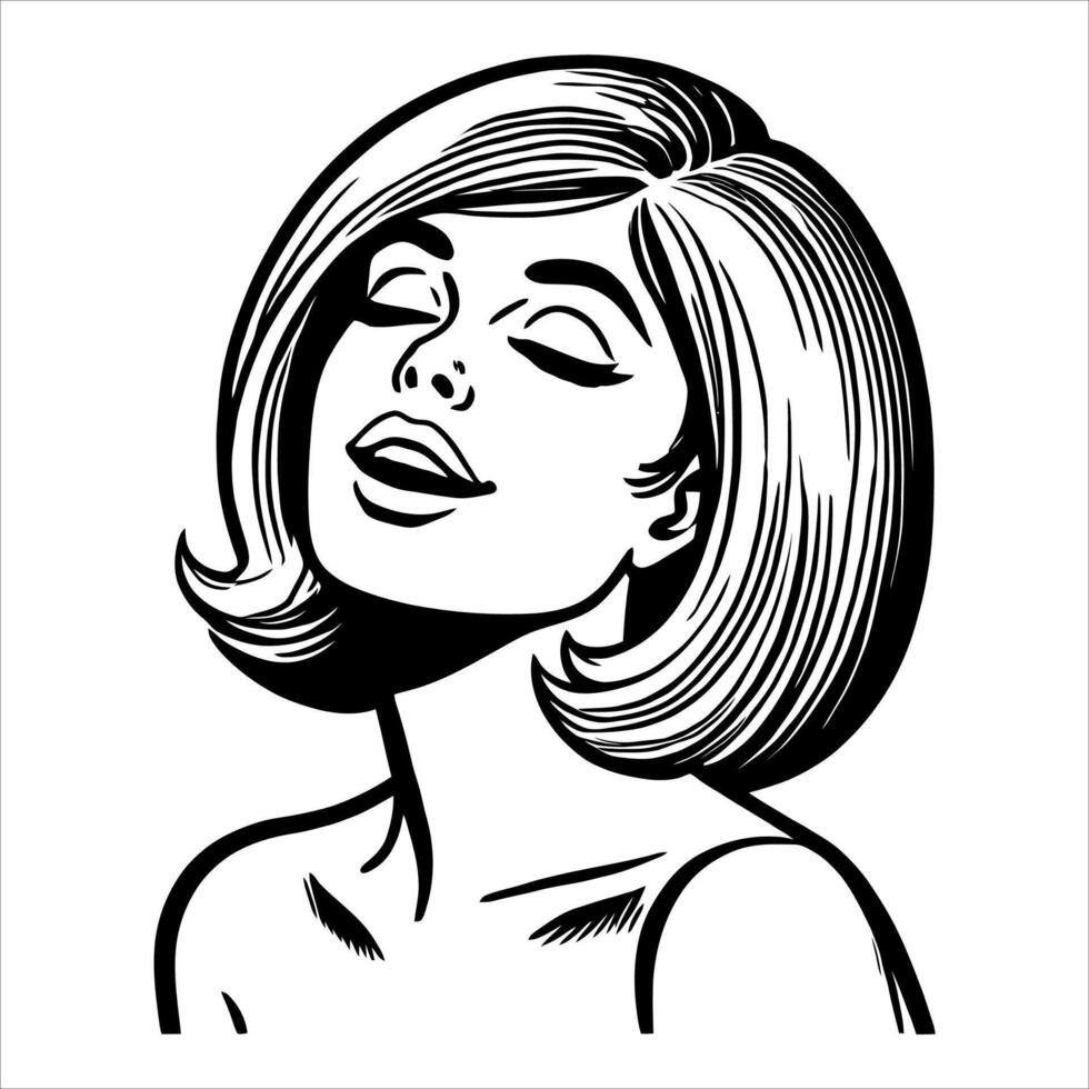 Retro Comic Style Woman Expressing Joy in Black and White Clean Line Art Illustration vector