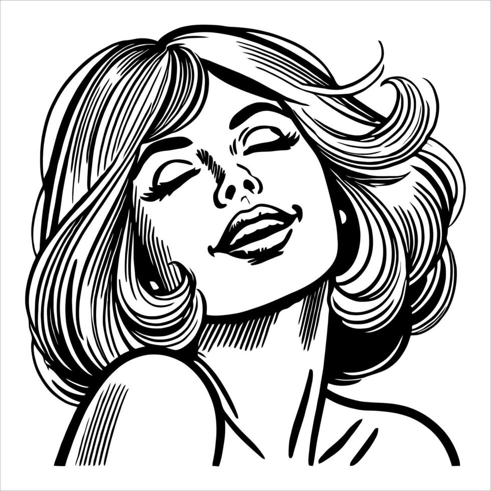 Retro Comic Style Woman with Pleasurable Expression, Illustrated in Black and White Line Art vector