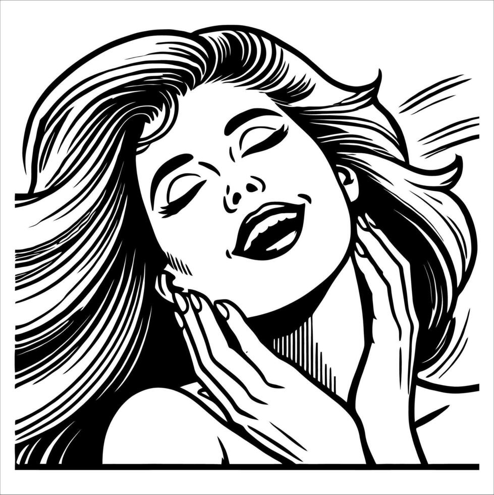 Retro Comic Woman with Expression of Pleasure Clean Black and White Line Art Style vector