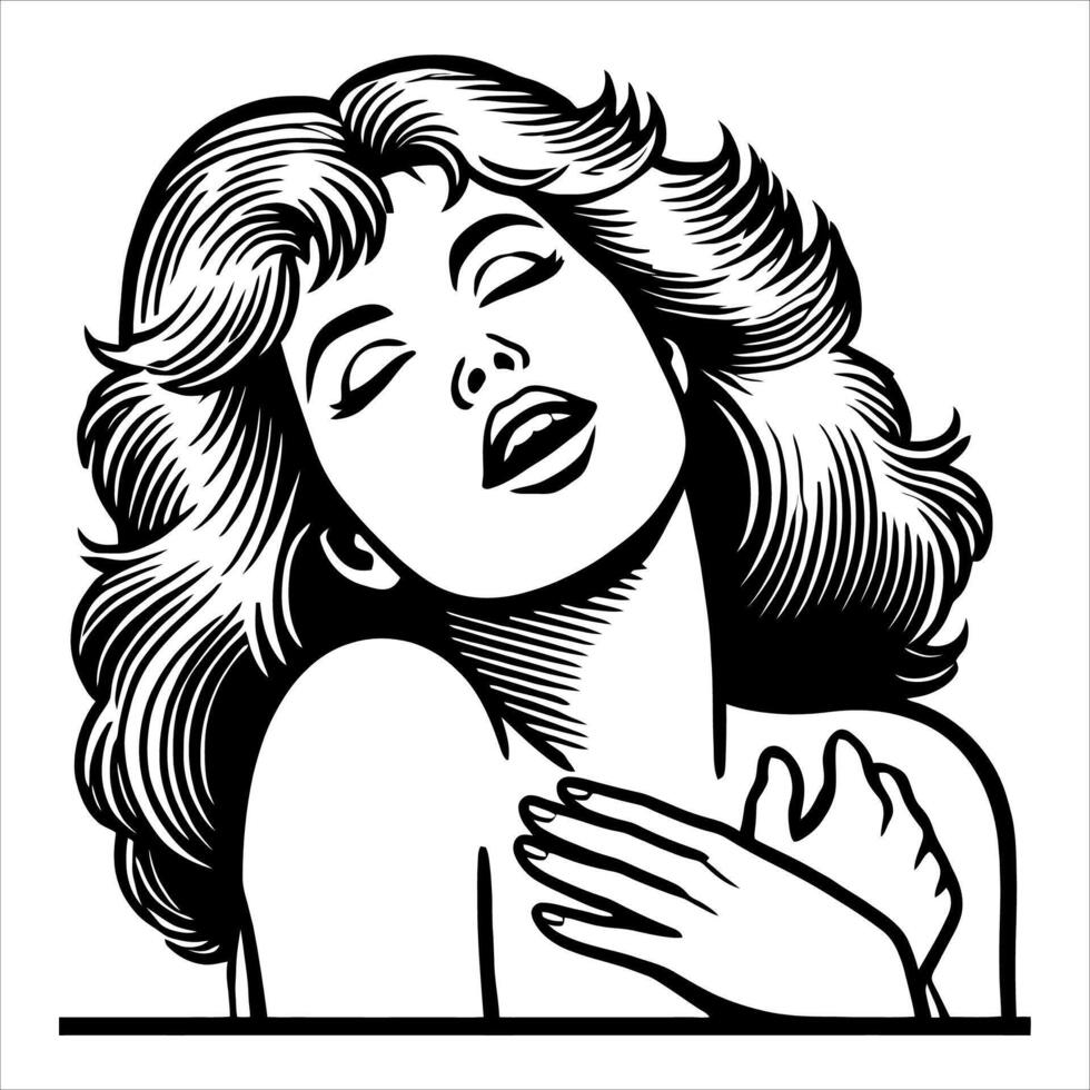 Retro-Inspired Woman Smiling in Black and White with Clean Line Art Comic Style vector