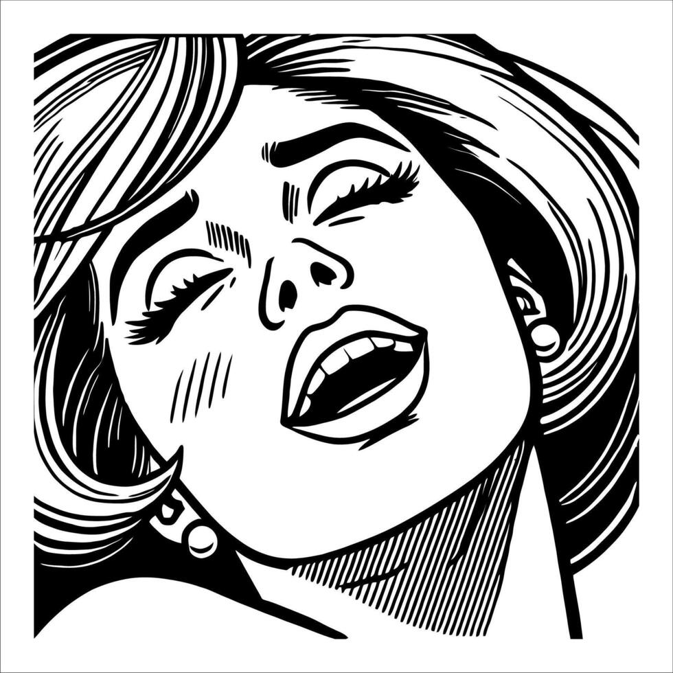 Retro Comic Style Woman with a Pleasured Smile in Black and White Line Art Illustration vector