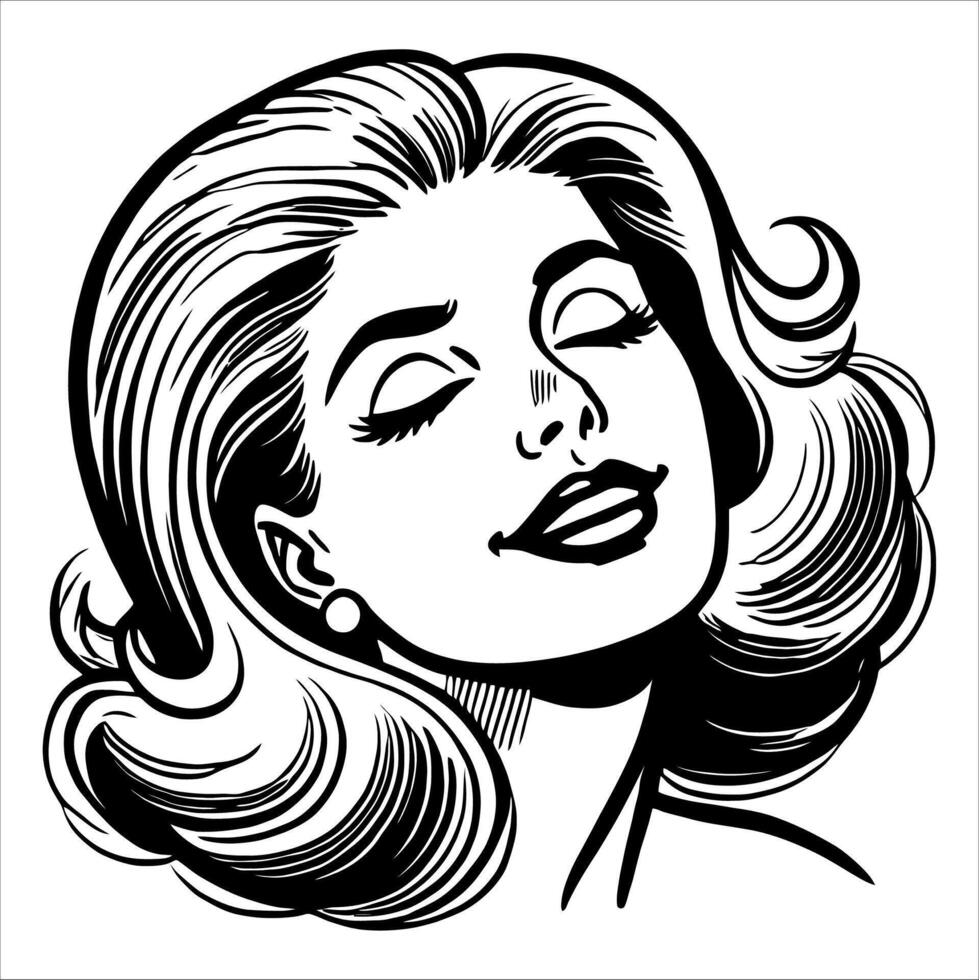 Black and White Retro Comic Woman with Pleasured Expression in Simple Line Art Illustration vector