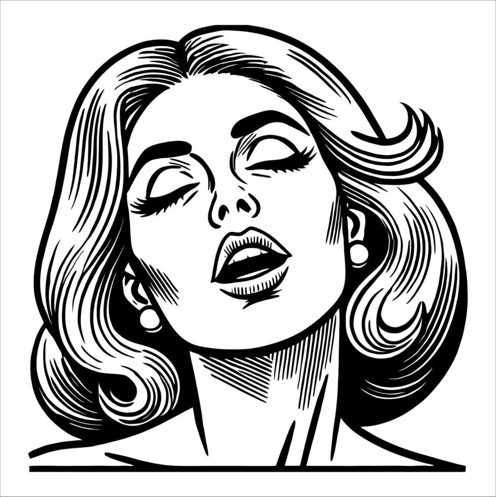 Retro Comic Woman with a Happy Expression in Minimalist Black and White Line Art vector