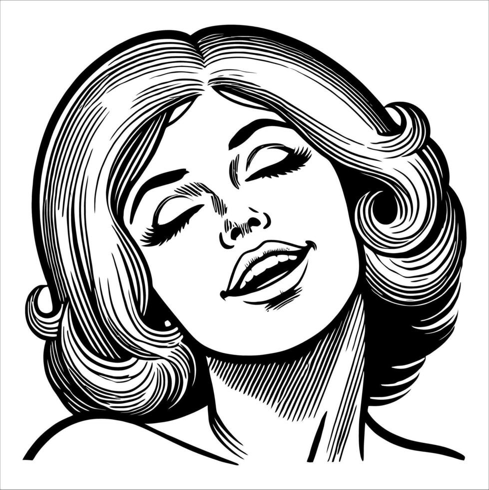 Black and White Retro Comic Woman with Joyful Expression and Clean Line Art Detailing vector
