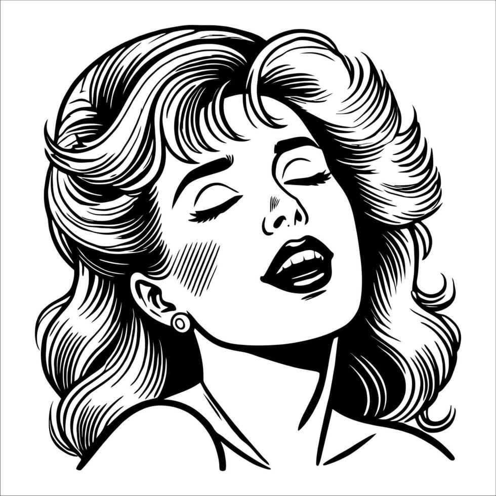 Woman with Pleasured Expression in Retro Comic Style, Illustrated in Black and White Line Art vector