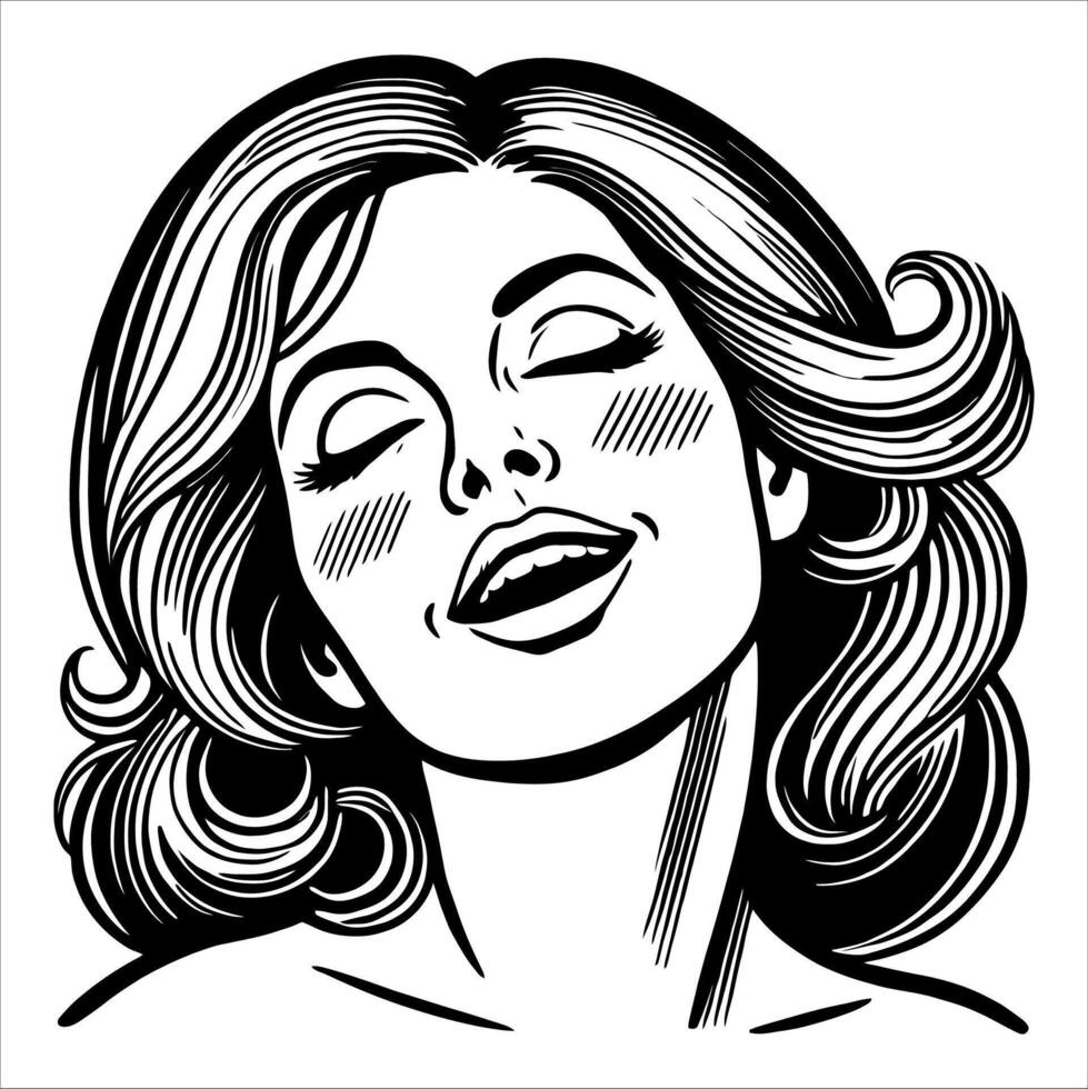 Retro Comic Style Illustration of a Woman Smiling with Clean Line Art and Black and White Colors vector