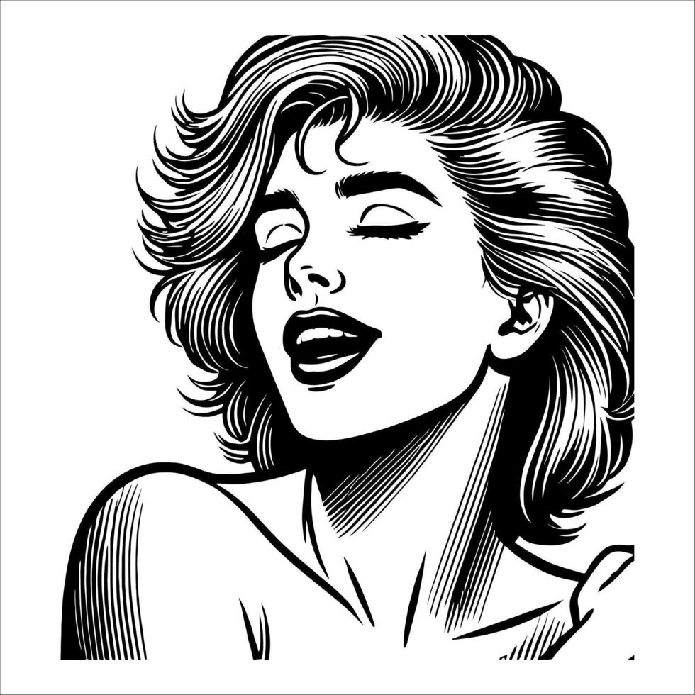Monochrome Retro Comic Art Woman Expressing Joy with Clean Line Art in Black and White vector