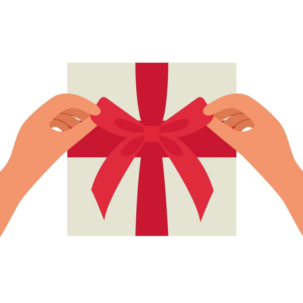 Hands untie a bow from the white ribbon on the red gift box vector