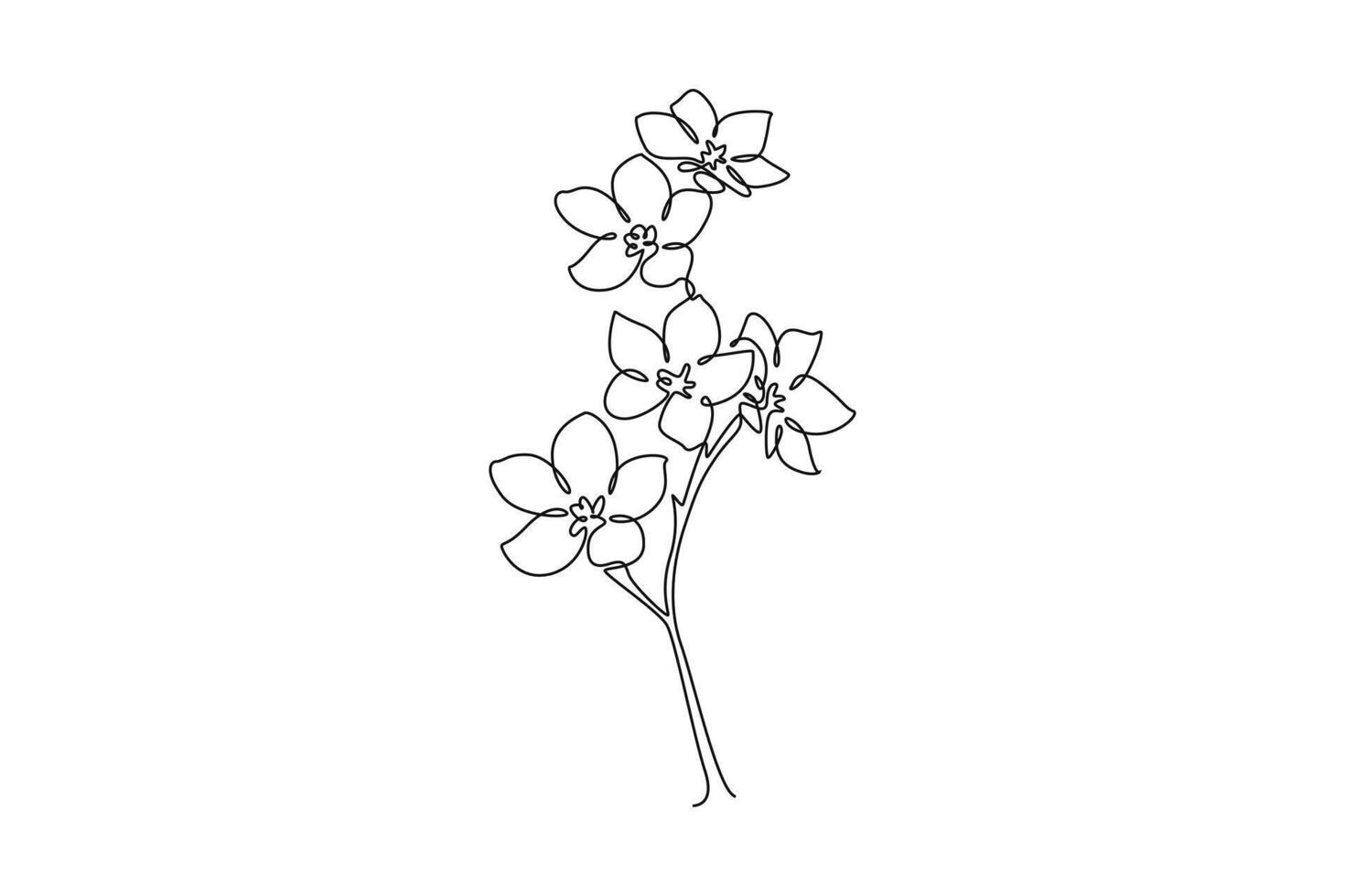 Continuous one line drawing beauty fresh larkspur for garden logo. Decorative of perennial delphinium concept for home wall decor art poster print. Single line draw design graphic illustration vector