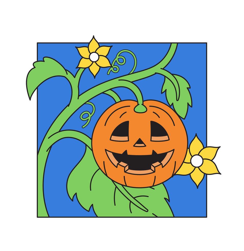 Stack of a happy pumpkin halloween with vines and yellow flower in cartoon mascot character retro illustration vector
