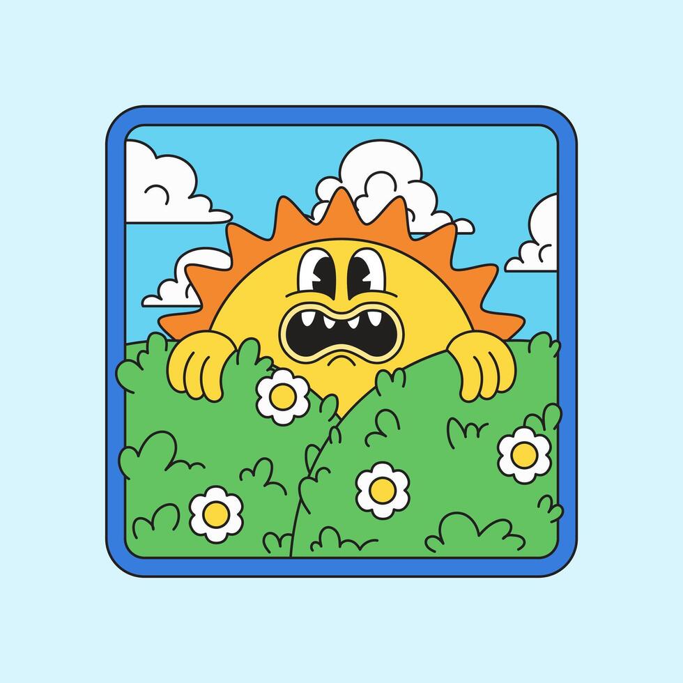 Sun cartoon character peeking from hill illustration vector