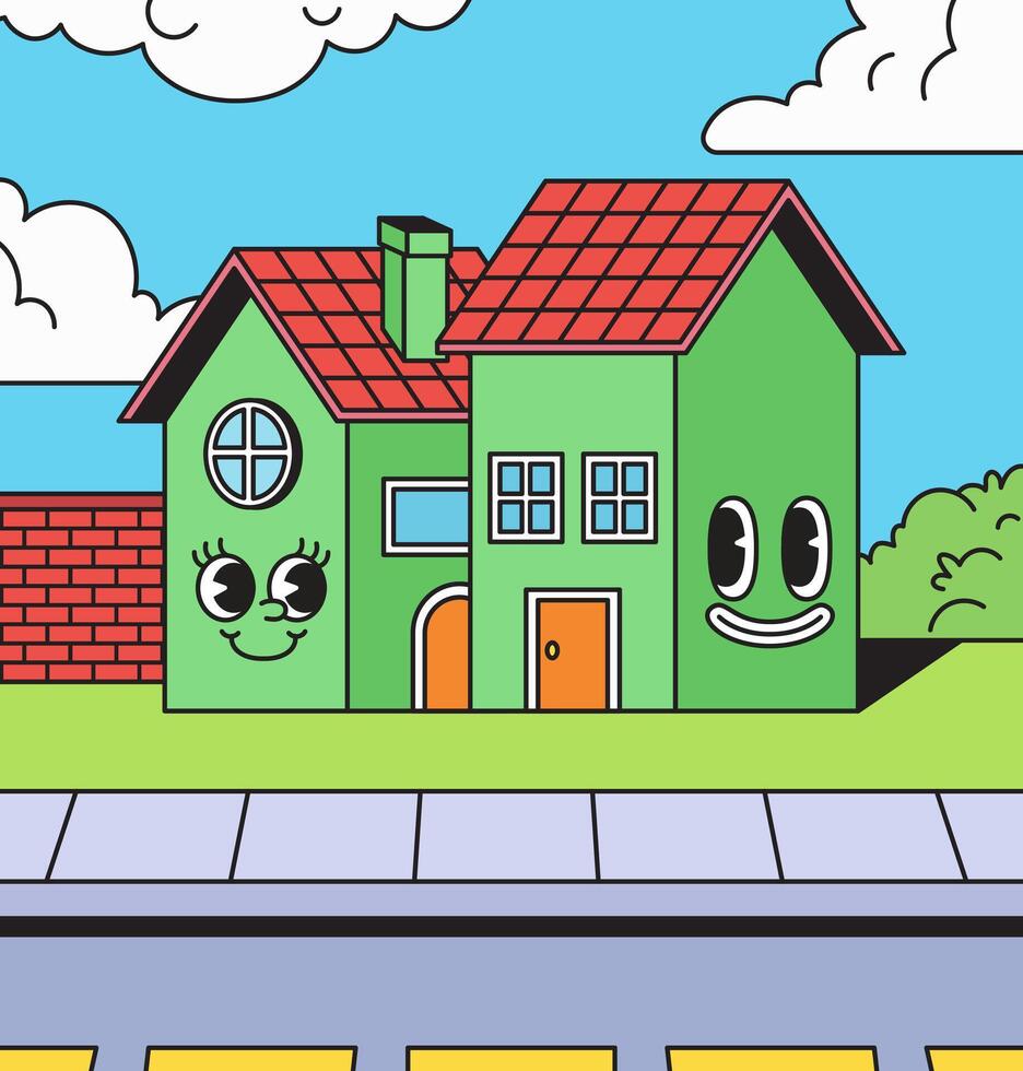 Two green house on the street illustration vector
