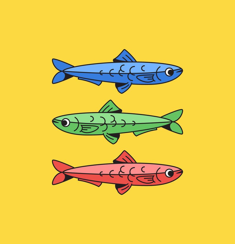 Three colorful sardine fish illustration vector