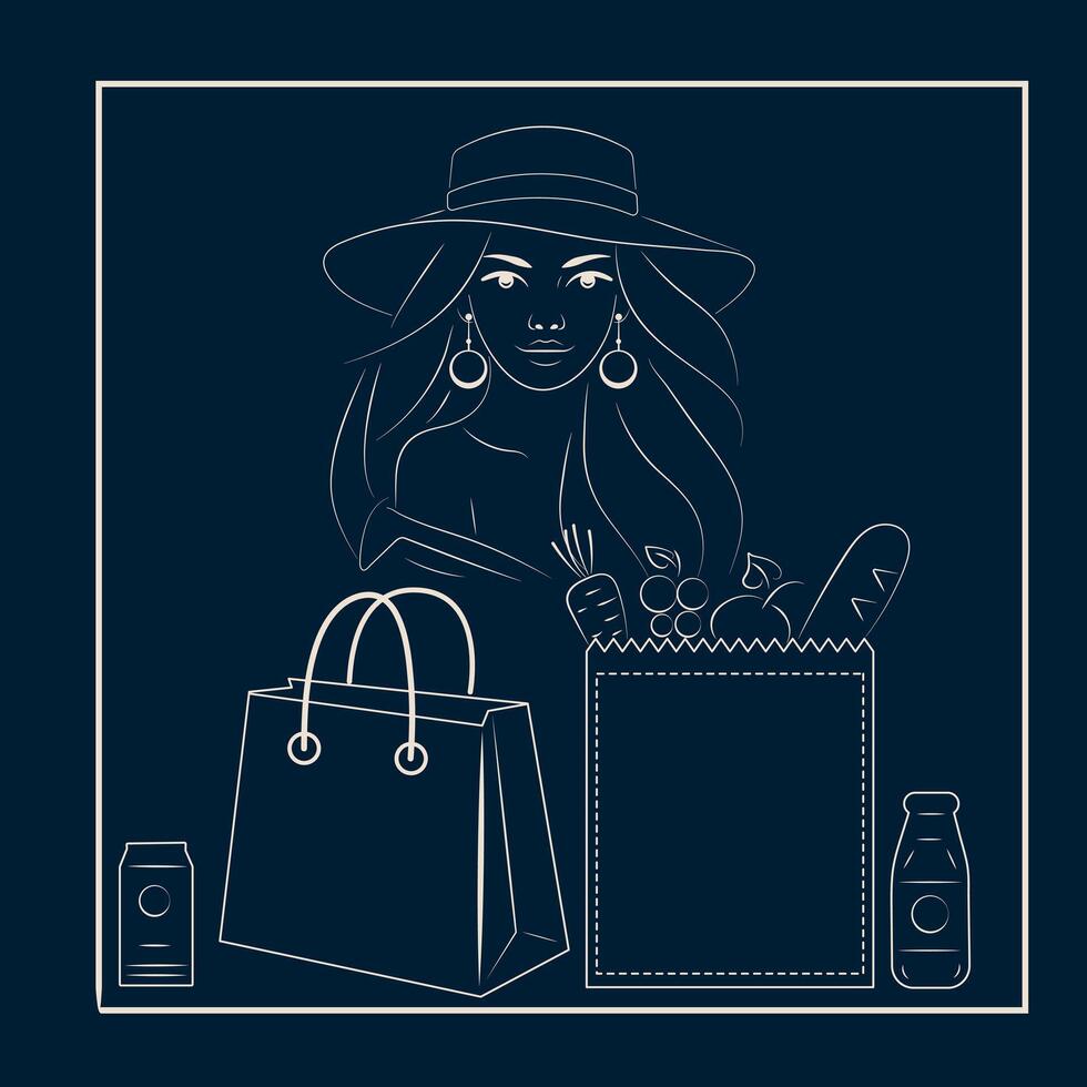Line Art White Woman with Grocery Bags Containing Healthy Products vector