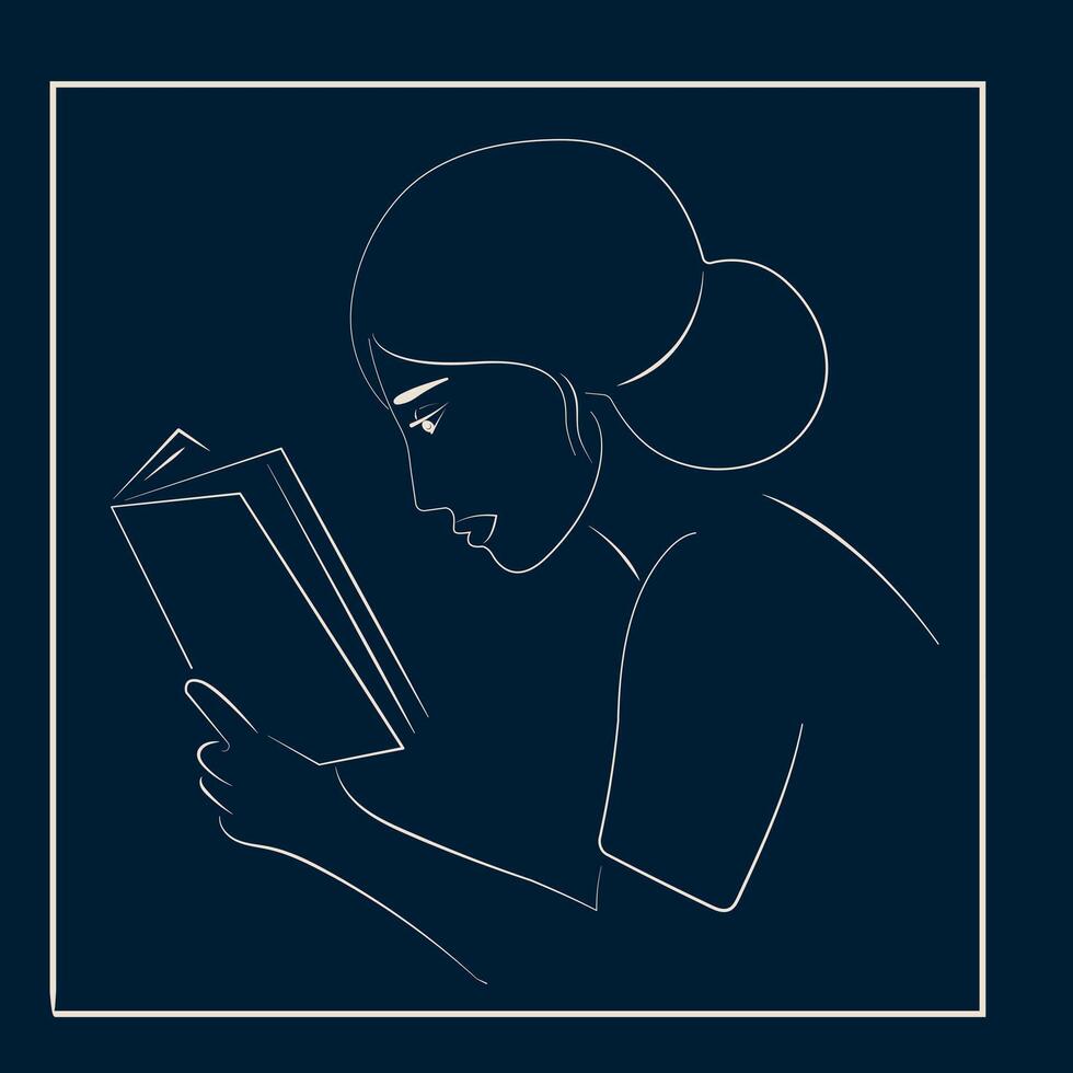 Line art. Girl student reading a book. School or university. Studying at college. vector