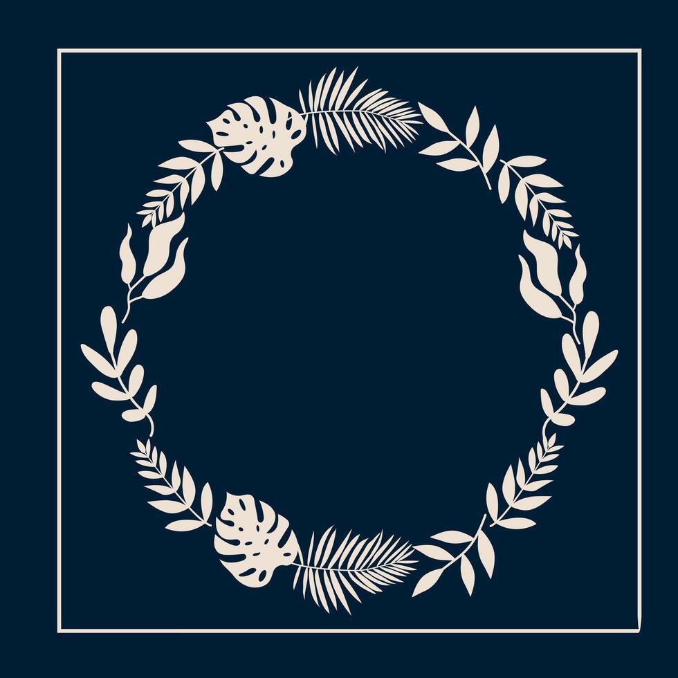 Monstera and Palm Leaf Wreath Circle, Black and White Minimalist Frame vector