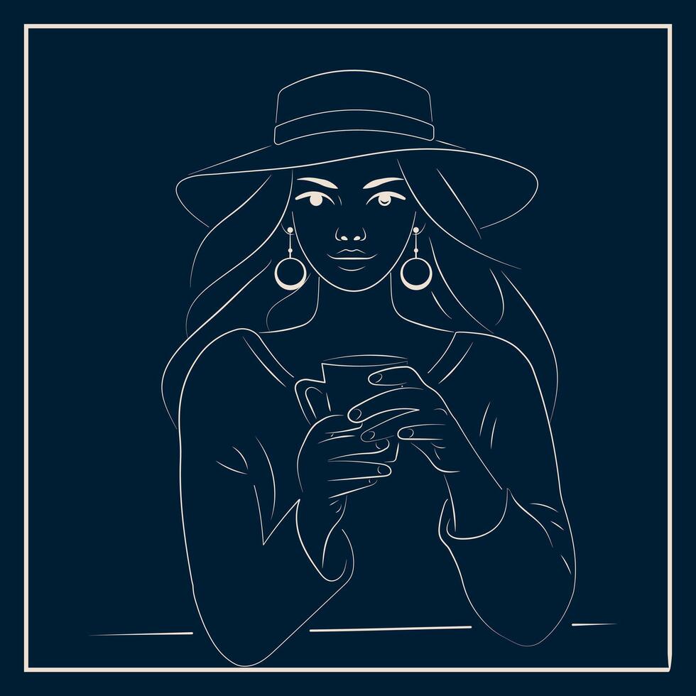 white girl in hat drinking coffee or tea in cafe. Line art on dark background vector