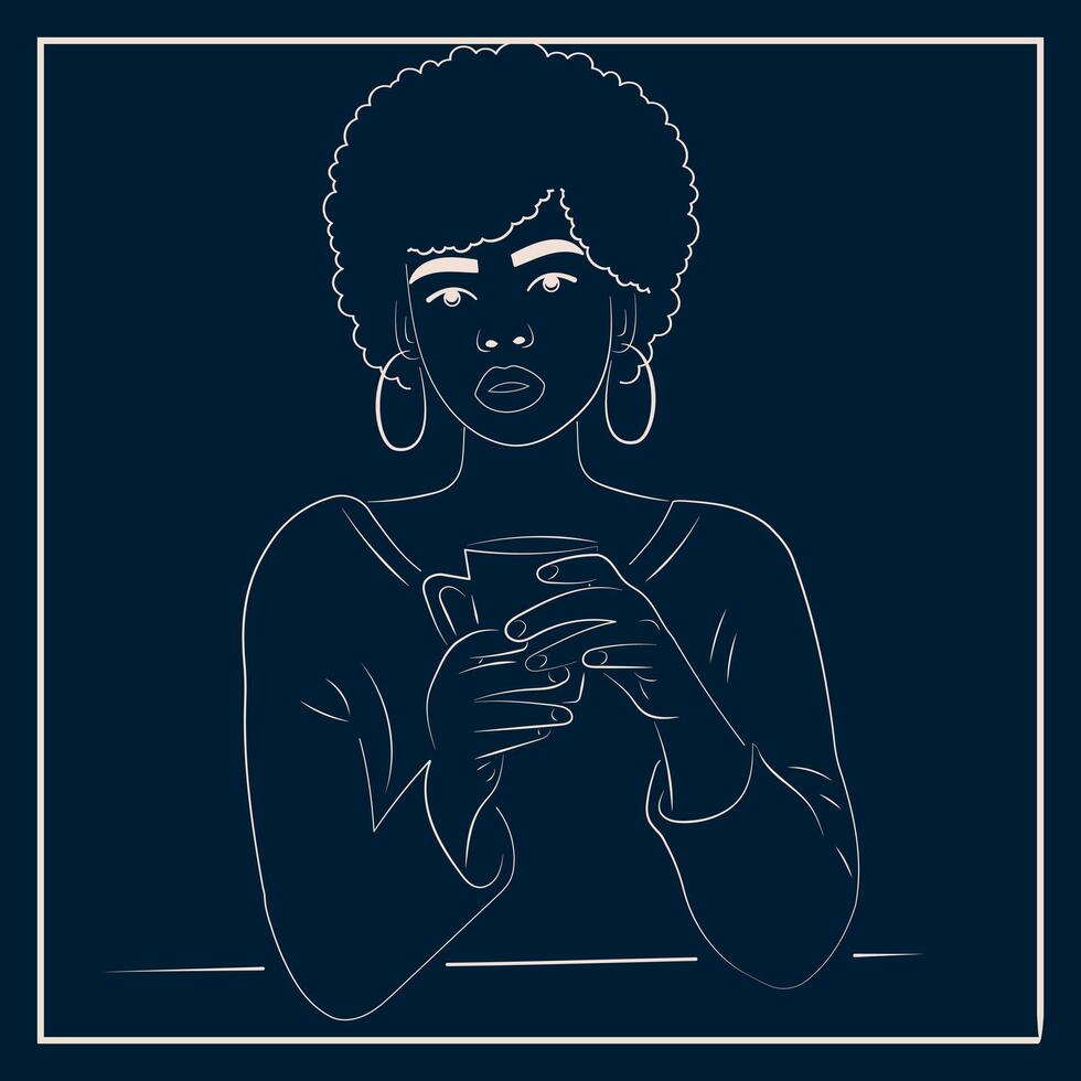 African American girl drinking coffee or tea in a cafe. Line art on a dark background. vector
