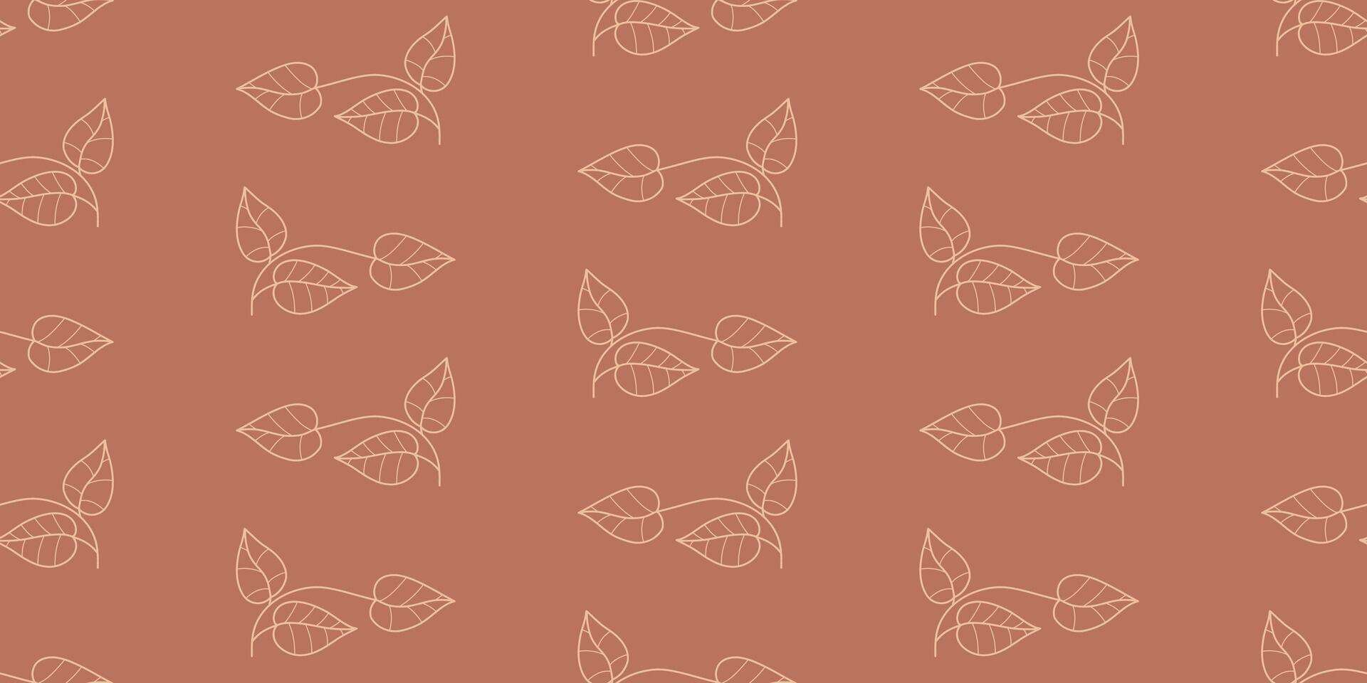 Seamless botanical Pattern on Brown Background. Elegant Linear leaves on mocha mousse backdrop. Horizontal Hand outline drawing. Minimal Design template vector
