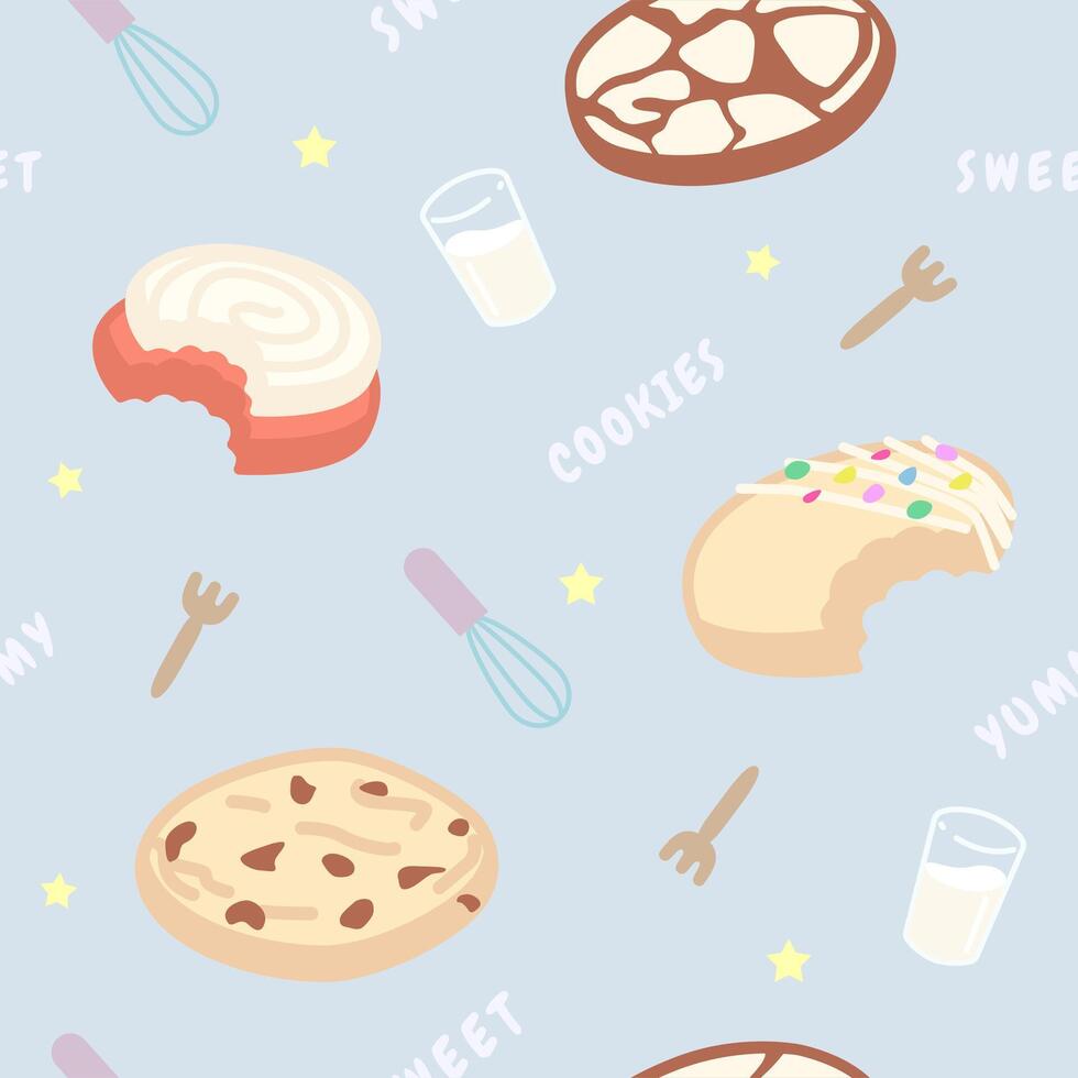 hand drawn cookies with milk pattern seamless design vector