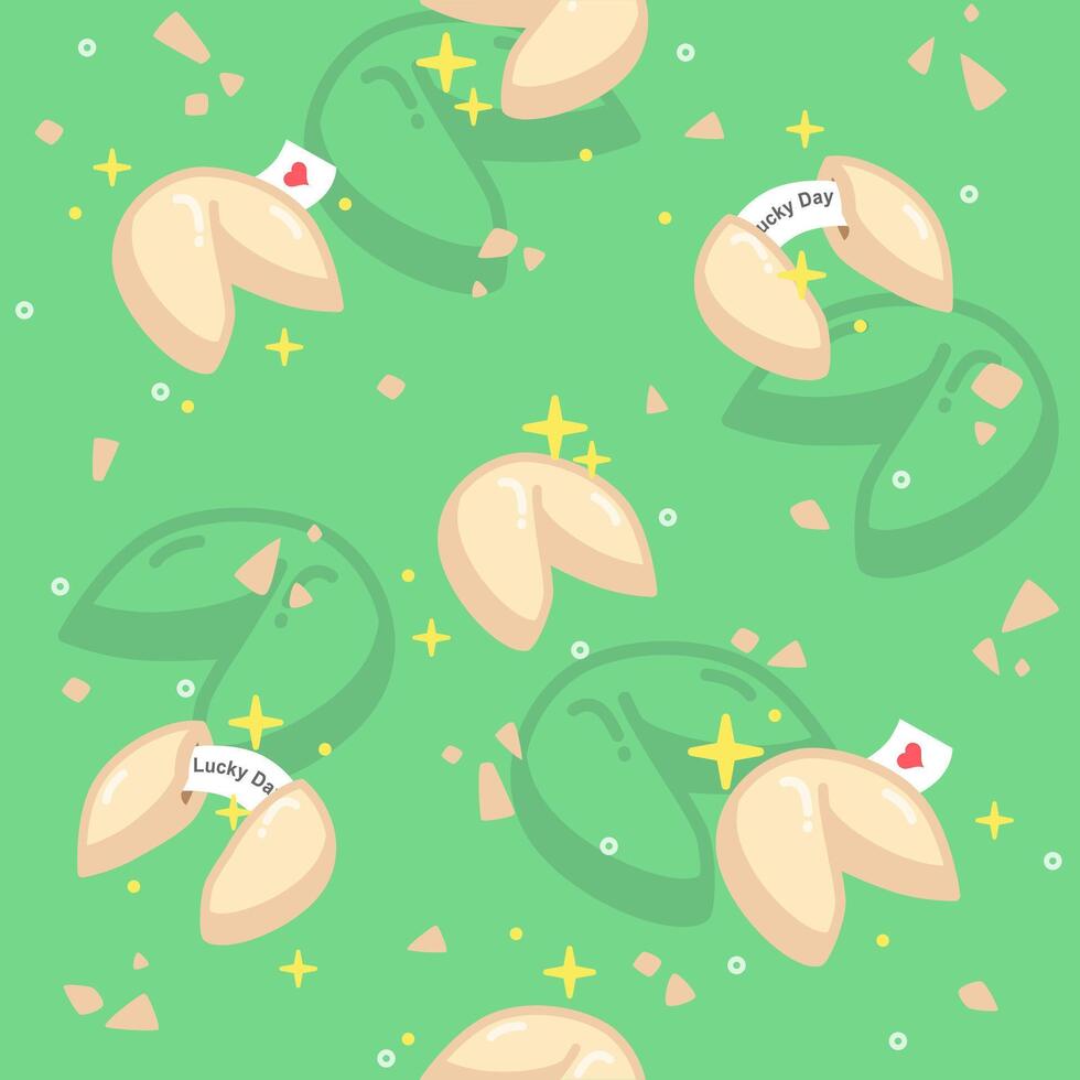 a seamless pattern of hand drawn fortune cookies in green background vector