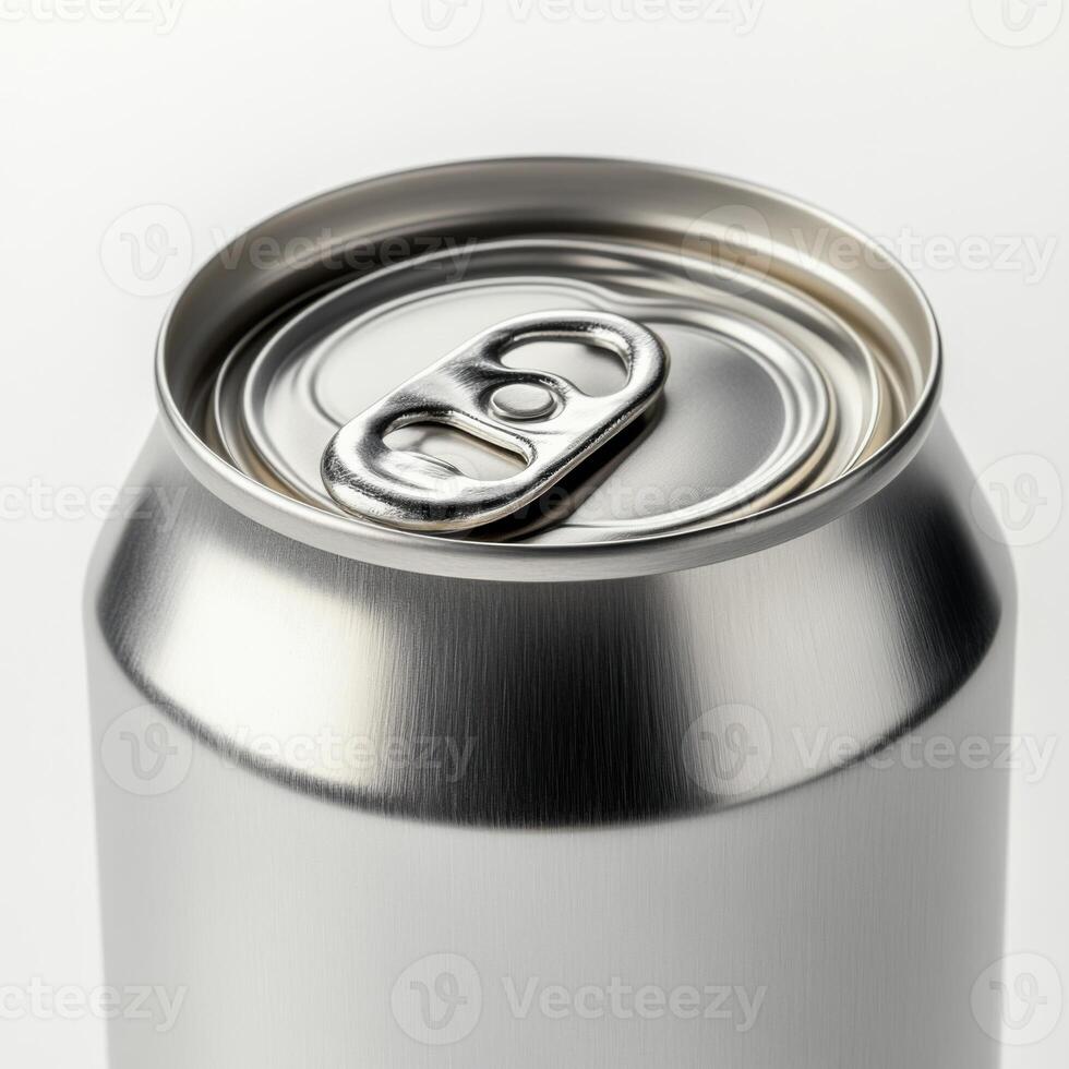 Close-up view of an unopened aluminum beverage can showcasing the pull tab mechanism photo