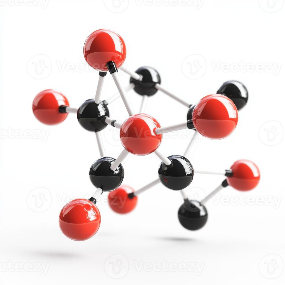 Molecular structure with red and black spheres on white background photo