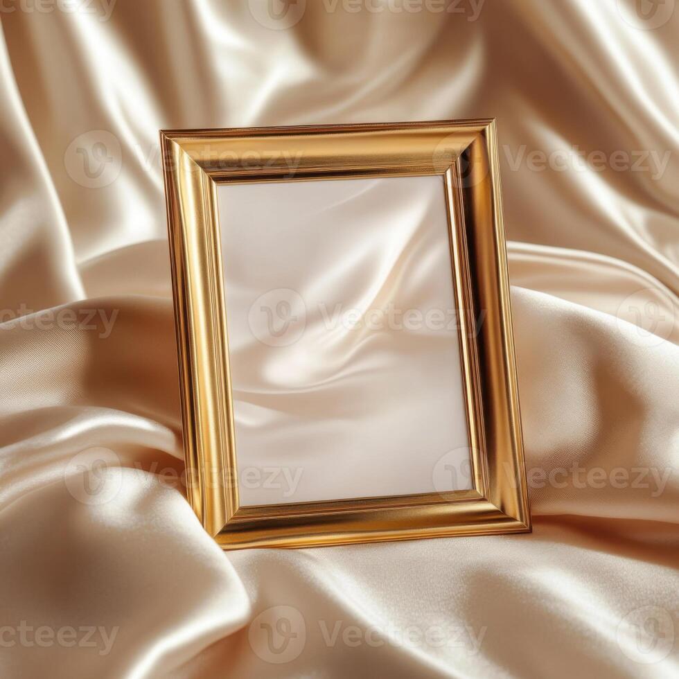 Elegant golden frame placed on soft satin fabric in a quiet setting for decorative purposes photo