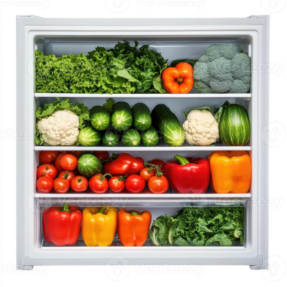 Fresh vegetables neatly arranged in a refrigerator photo