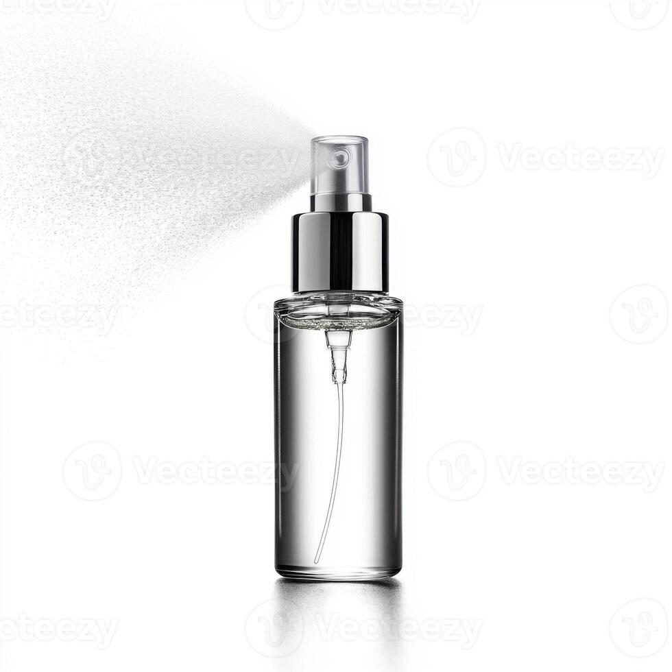 Transparent perfume bottle with liquid misting on white background photo
