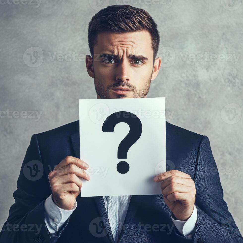 Man holding question mark paper, thoughtful expression, gray background photo