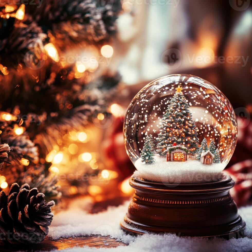 Christmas snow globe with festive tree and lights photo