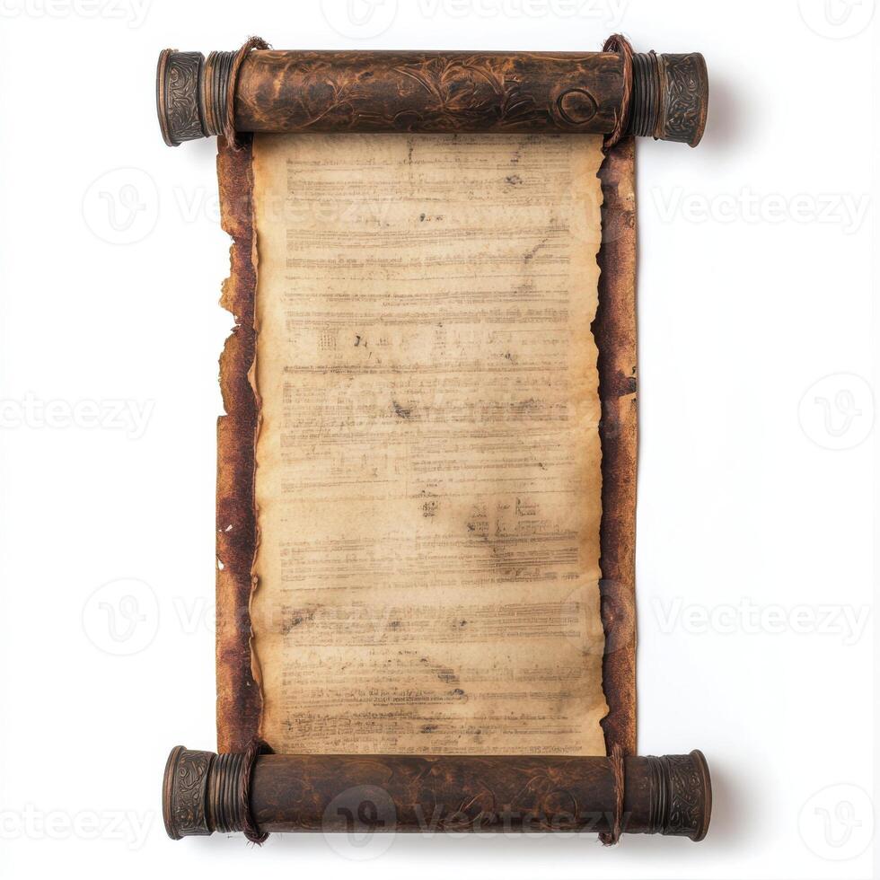 Ancient scroll with ornate wooden handles on white background photo
