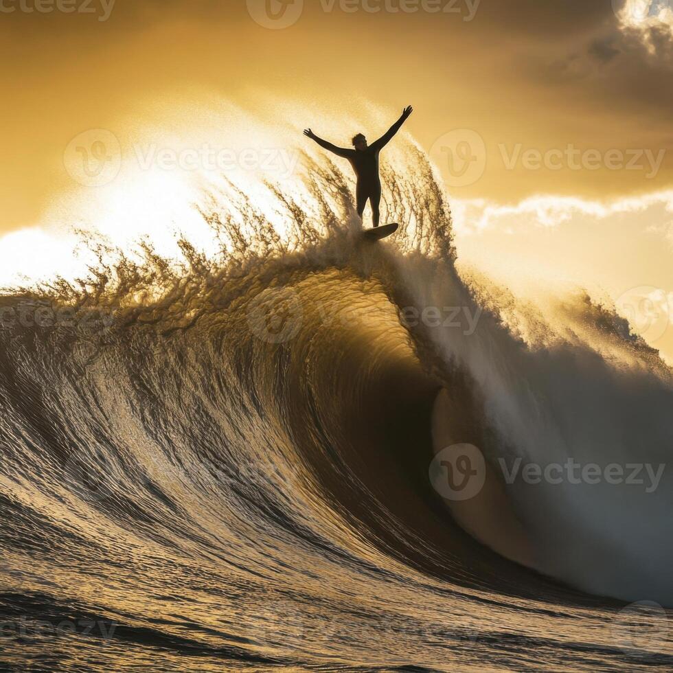 Surfer balancing on a massive wave during sunset photo
