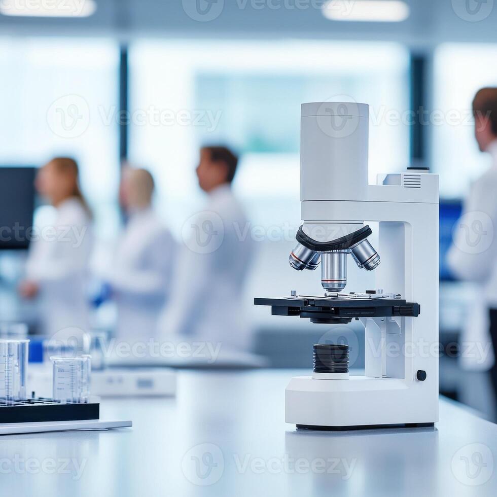 Microscope on lab table with scientists in background. photo
