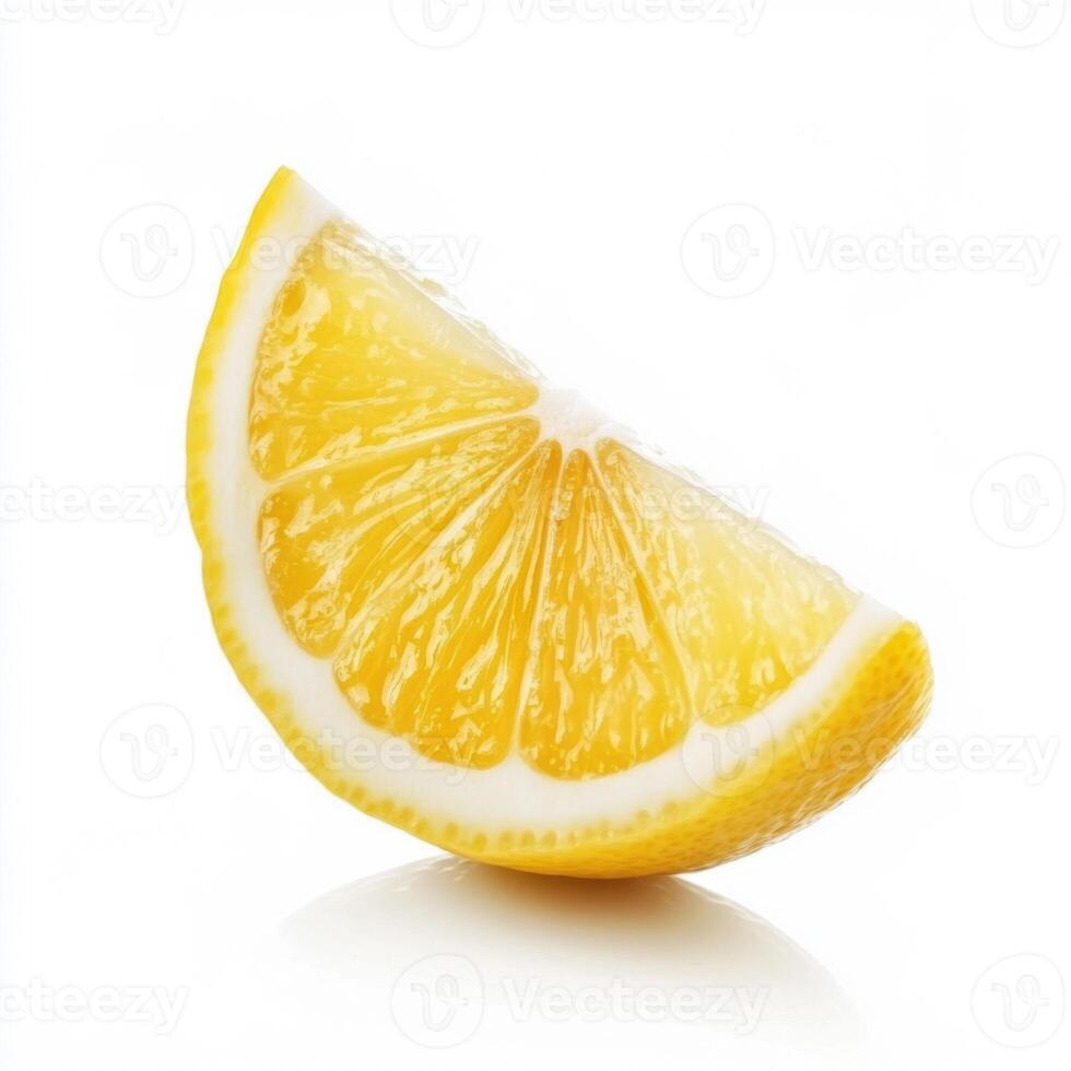 Close-up of a fresh lemon wedge with white background. photo