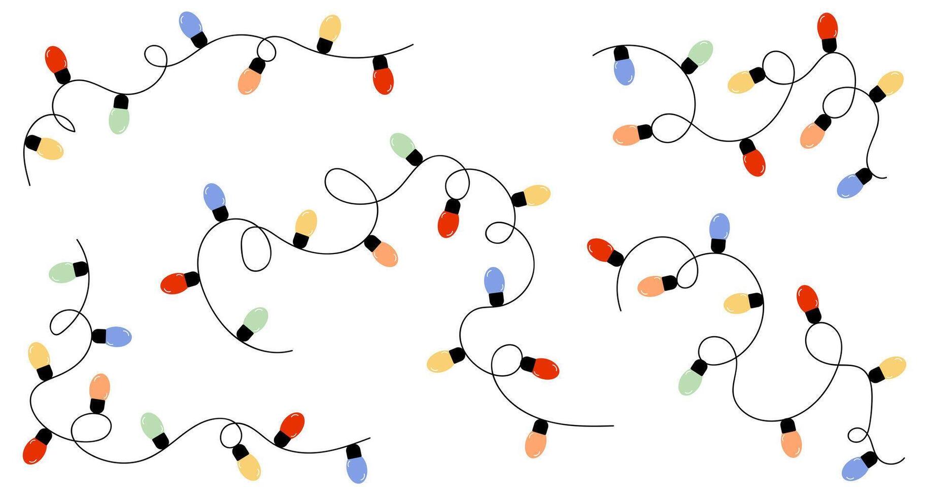 Garland lights curvy strings set. Colorful light bulbs for decoration, banner, poster, greeting card, web design. vector
