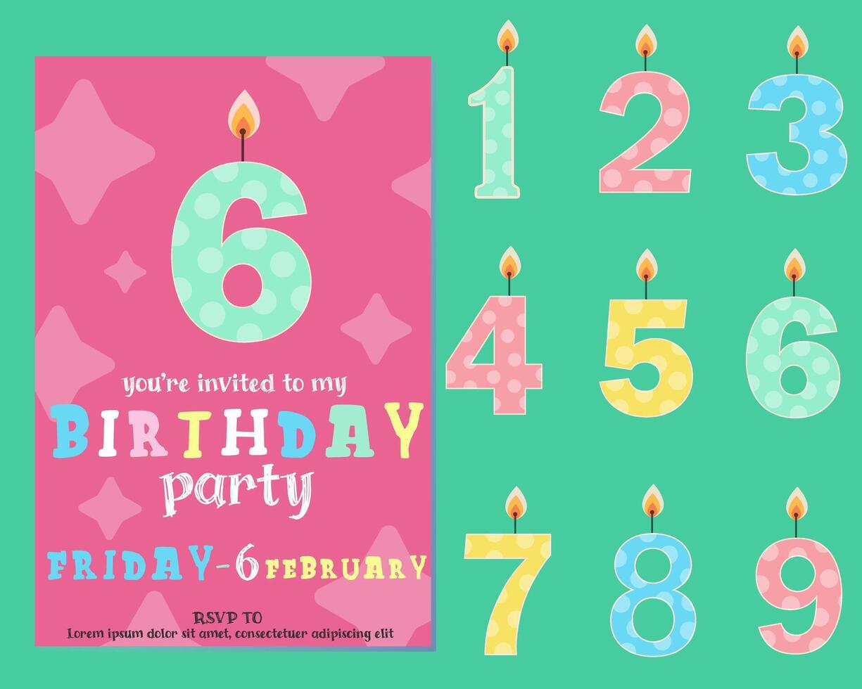 Birthday party invitation card with kid's age numbers. Colorful template for birthday celebration event. vector