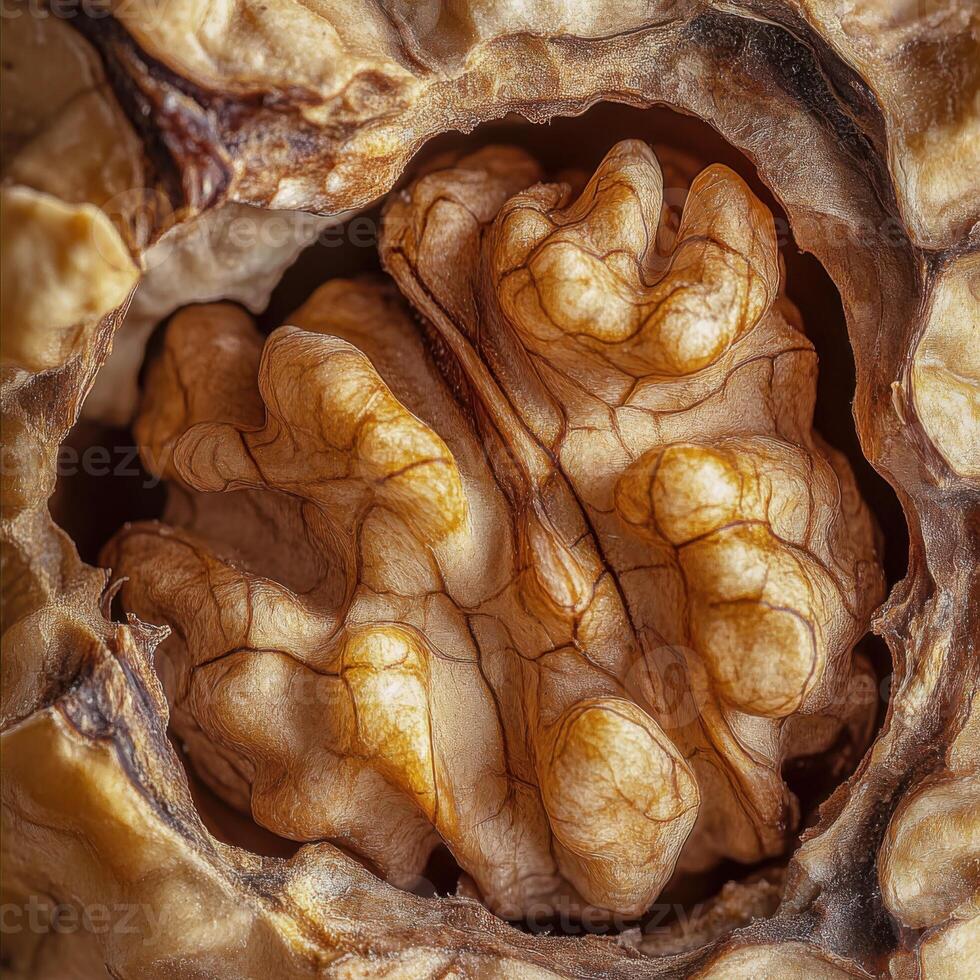 Close up view of shelled and whole walnut photo