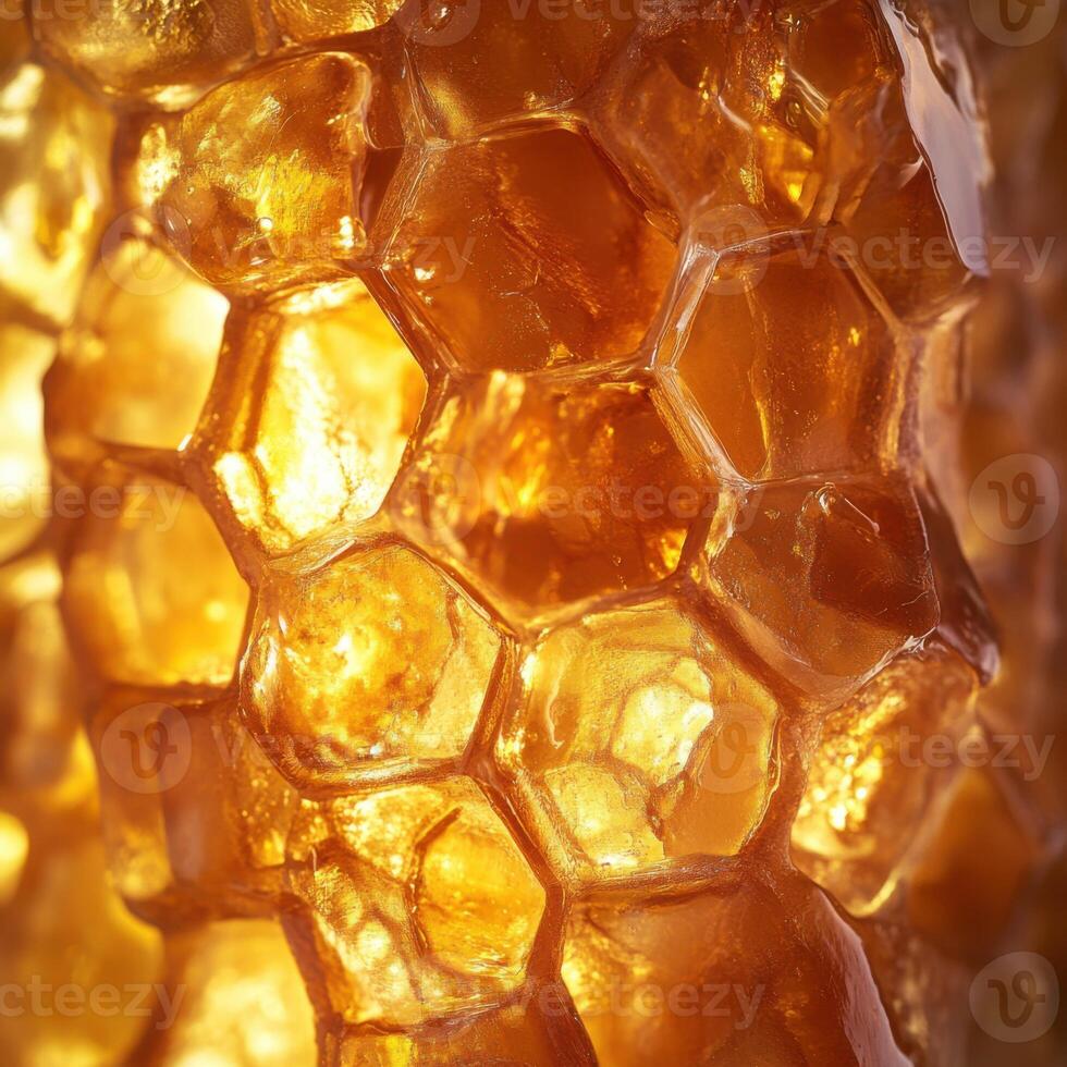 Close-up of honey-filled beehive cells, with golden, glistening honey oozing from the edges of the hexagonal comb photo
