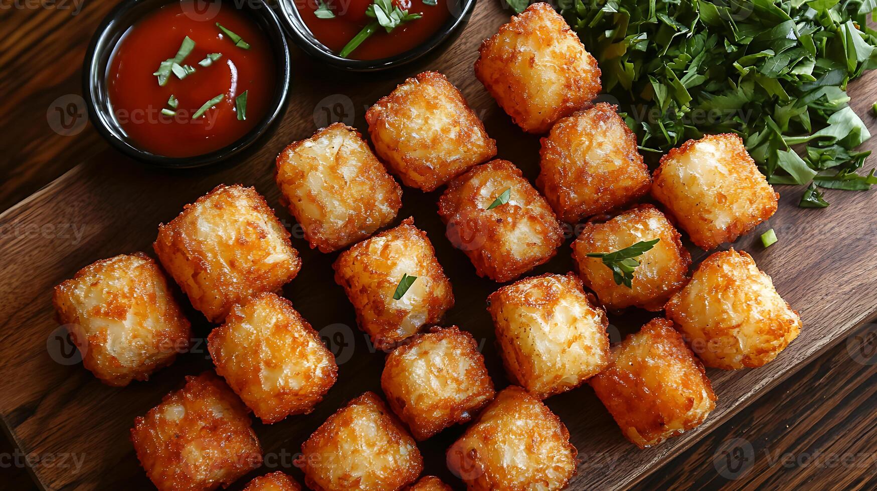 A tray of cheese fries with sauce and herbs photo